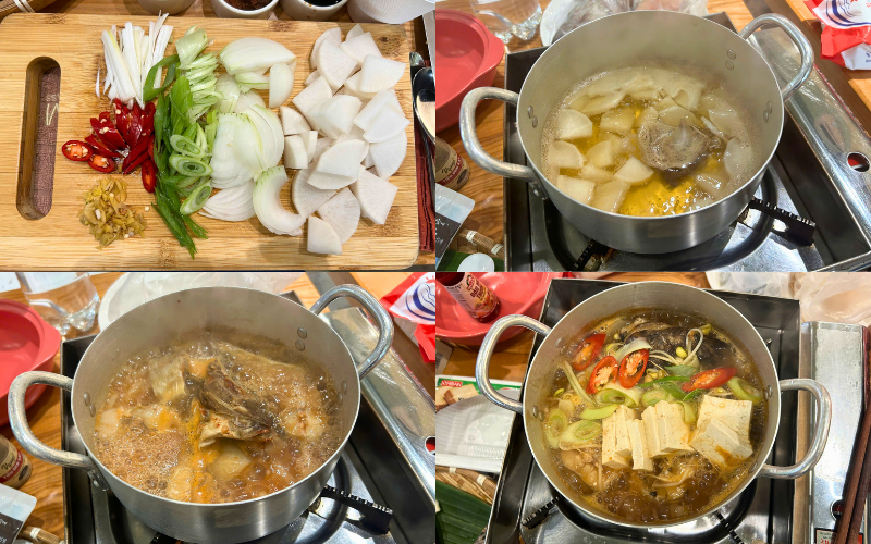 Dưới sự hướng dẫn của cô Jo So Eun, các học viên thực hiện làm món canh cá minh thái. (Ảnh: Lưu Hoàng Nhi)