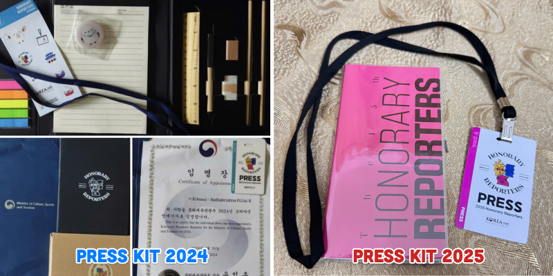 Giữa bộ dụng cụ hành nghề phóng viên danh dự Korea.net 2024 và 2025 có sự khác biệt đáng kể về số lượng dụng cụ. (Ảnh: Radhakrishna Pillai N, Hoàng Xuân Tùng) 