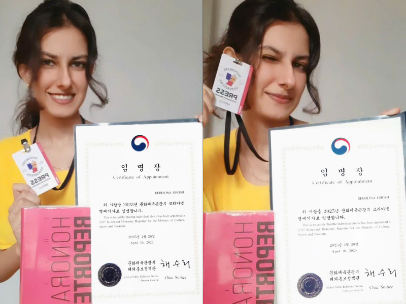 Phóng viên danh dự Debolina Ghosh đến từ Ấn Độ đã chia sẻ khoảnh khắc đáng nhớ cùng với bộ dụng cụ hành nghề 2025 và giấy bổ nhiệm phóng viên danh dự Korea.net. (Ảnh: Debolina Ghosh) 