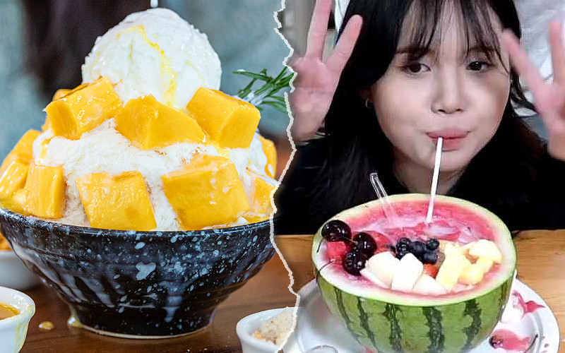 Đá bào trái cây và Hwachae đều là những món tráng miệng hấp dẫn đem lại sự thanh mát cho người thưởng thức, bởi vị chua ngọt tự nhiên từ trái cây tươi. (Ảnh: Vecteezy.com, Chụp màn hình từ video của Học viên King Sejong Biên Hòa)