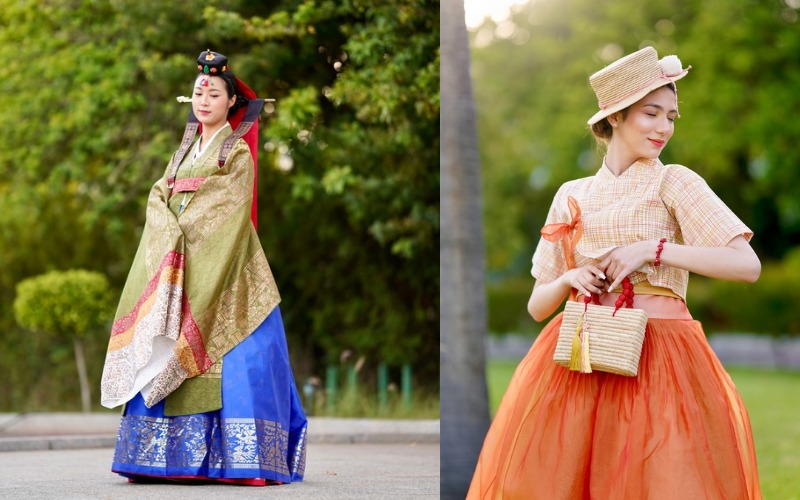 Hanbok moderne (à droite) et Hanbok de mariage traditionnel hollaebok (à gauche). © Noble Wife