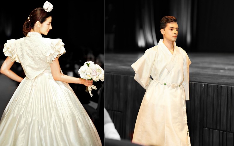 Hanboks de mariage moderne lors du défilé Hanbok de la semaine culturelle coréenne au Maroc. © Noble Wife