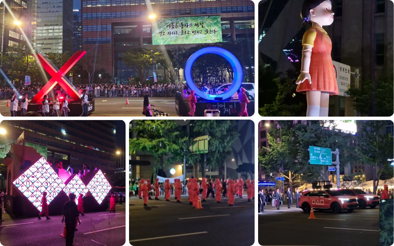 Die Sejong-daero wurde zur lebendigen Kulisse für die Squid-Game-Parade: mit LED, Riesenfiguren und Serienflair © Faranak Solat