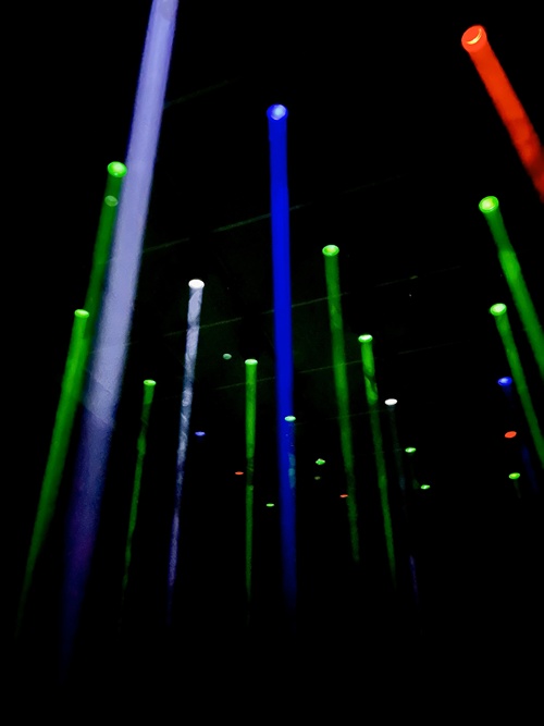 第1展示会場　リズミカルな音楽と鮮やかな光の演出には躍動感がありました