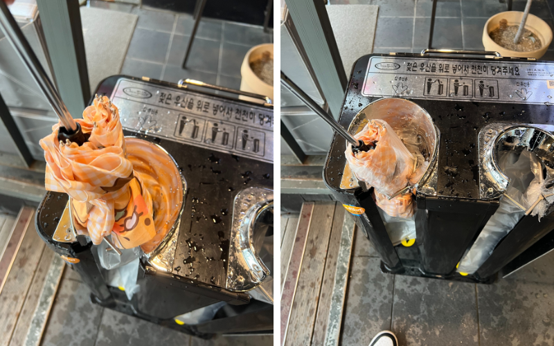 Sehr praktisch, dass man den Regenschirm, bevor man ein Café, Restaurant oder Shop betritt, trocken oder in eine Plastikhülle stecken kann