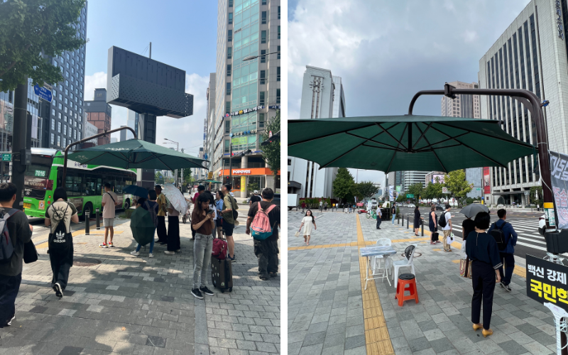 Eine Innovation: Sonnenschirme an den Ampelanlagen in Seoul, die vor Sonne und Hitze schützen