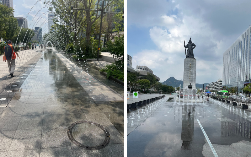 Schon ein paar Wasserspritzer am Gwanghwamun-Platz können erfrischen, wie hier an der Statue von Admiral Yi Sun-sin