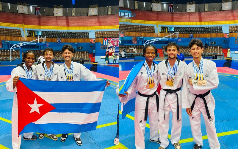 Los atletas reciben sus medallas por su destacada participación en la I Copa Kukkiwon en La Habana.