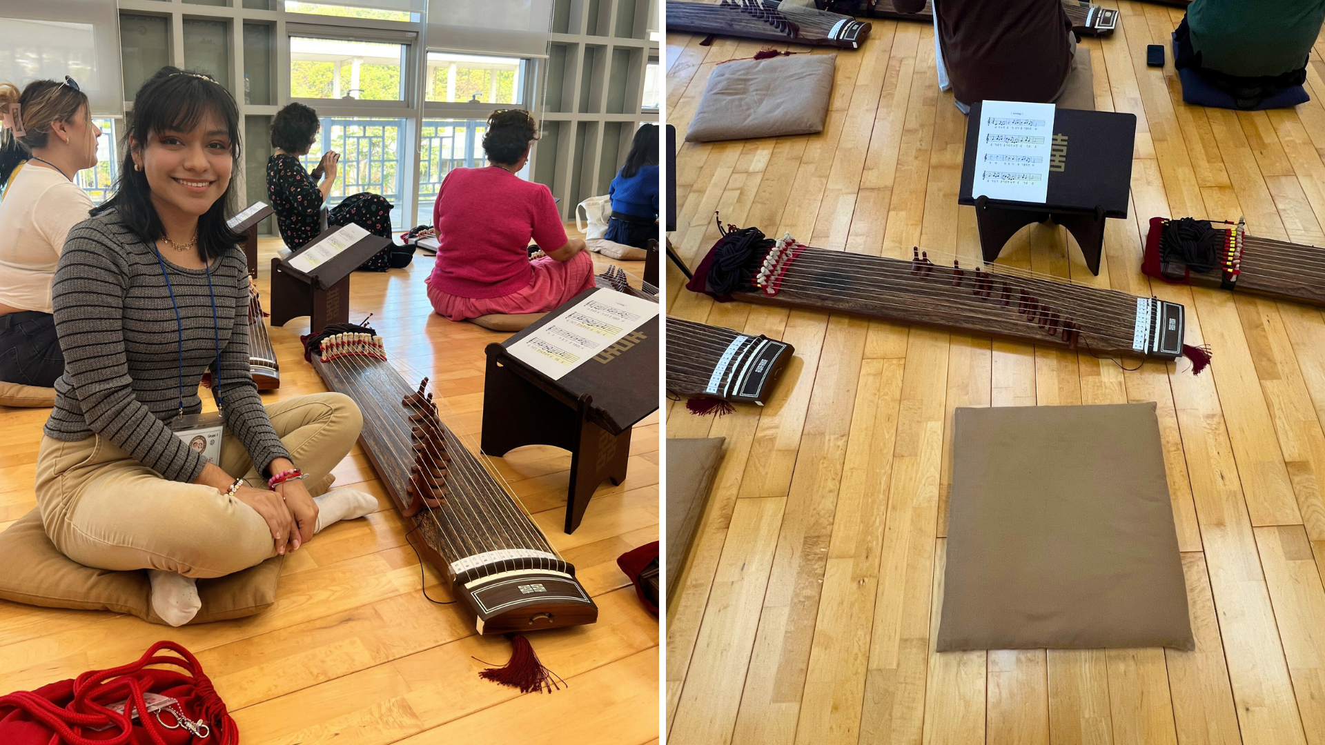 Salón en donde se impartió el taller, equipado con un cojín, atril y gayageum en cada espacio por persona.
