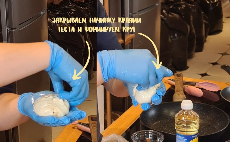 Шеф-повар Ли Су Ён наглядно показывает, как сделать хотток правильной круглой формы так, чтобы начинка осталась внутри теста. / Фото: Юлия Епифанова