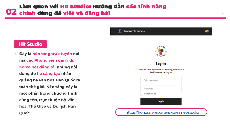 HR Studio là nền tảng trực tuyến tiện ích, hỗ trợ đắc lực cho các phóng viên danh dự trong quá trình biên tập và xuất bản bài viết trên trang thông tin chính thức Korea.net. (Ảnh: Korea.net, Biên dịch: Hoàng Xuân Tùng)