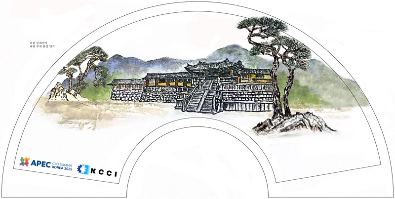 Bản phác họa quạt Hanji của nghệ sĩ Kim Hye-jin dự kiến làm quà tặng cho nhà lãnh đạo doanh nghiệp quốc tế tham dự Hội nghị thượng đỉnh APEC 2025. Địa danh trong ảnh là Chùa Bulguksa (Gyeongju). (Ảnh: Kim Hye-jin)