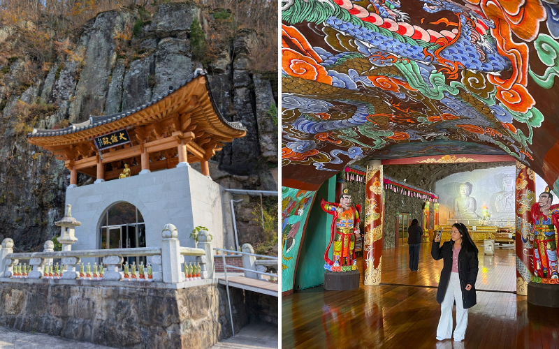 A la izquierda se aprecia la entrada del salón Daejeokgwangjeon y a la derecha se presenta el interior de este, que constituye el salón principal del templo Ilbungsa.