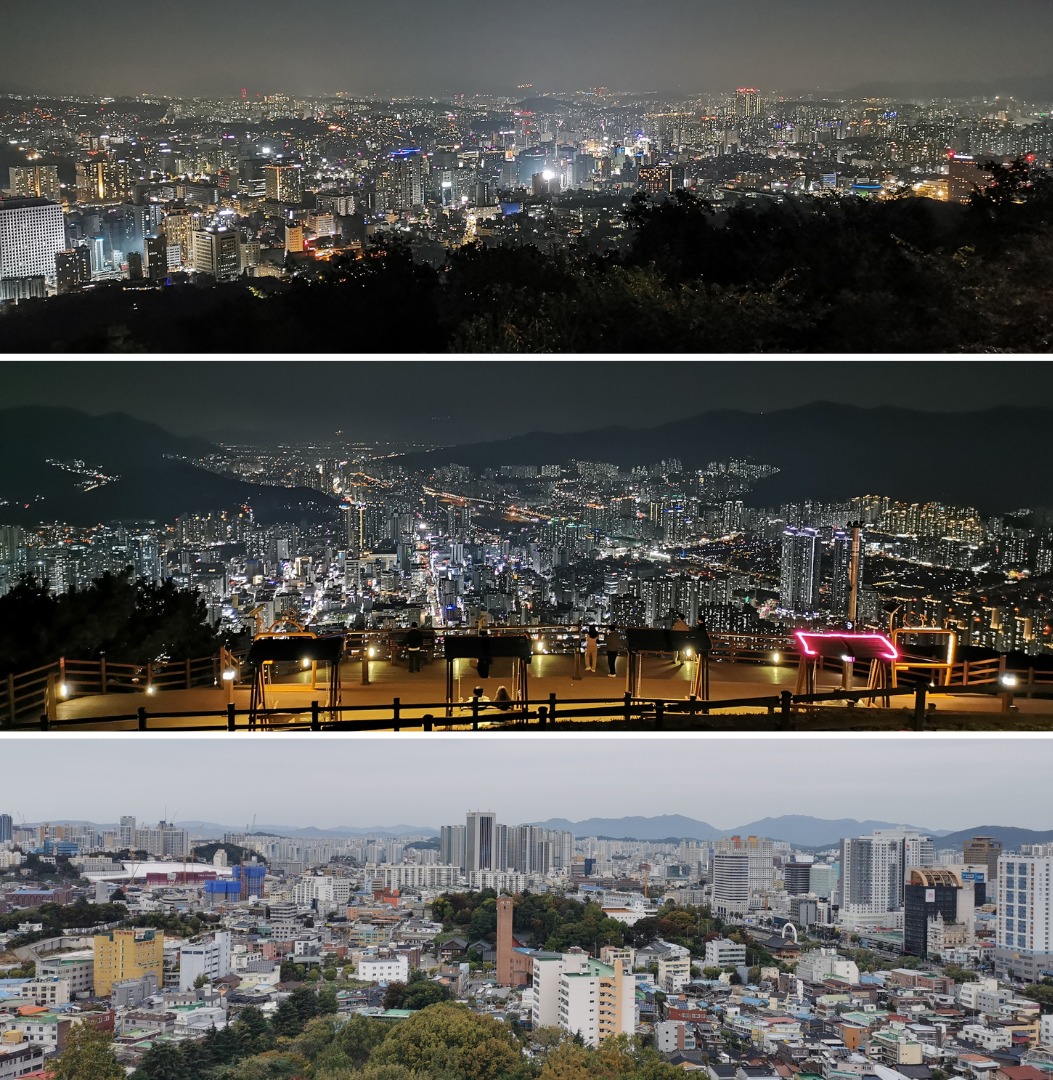 Trois beaux panoramas. En haut, Séoul vue depuis le Mont Namsan. Au milieu, Busan vue depuis l’observatoire Hwangnyeongsan. En bas, Gwangju vue depuis la tour d’observation du Parc Sajik. © Alexia Ponsonnet