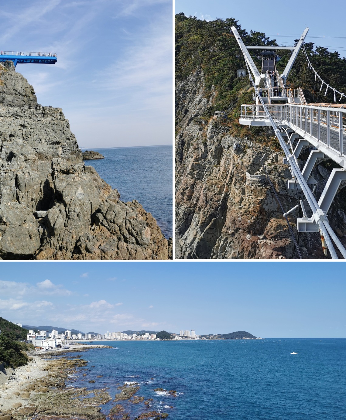 En haut à gauche : passerelle suspendue d’Oryukdo à Busan, vue d’en-bas. En haut à droite : pont suspendu Songdo Yonggung à Busan. En bas : vue du littoral depuis la passerelle Cheongsapo Daritdol. © Alexia Ponsonnet