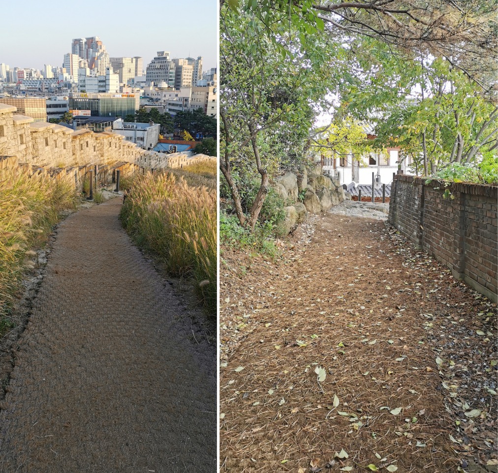 Deux exemples de chemins couverts de fibres naturelles. À gauche : à Séoul, au Heunginjimun Park. À droite : à Jeonju, à proximité du village historique. © Alexia Ponsonnet