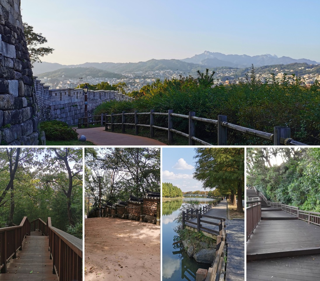 En haut : vue de la ville de Séoul depuis le chemin le long des remparts, dans le parc Naksan. En bas, de gauche à droite : sentier en bois dans le village historique de Jeonju, chemin plus large menant au pavillon Omokdae à Jeonju, les berges du fleuve Yeongsan à Damyang, large allée pédestre en bois autour de la presqu’île Dongbaekseom à Busan. © Alexia Ponsonnet