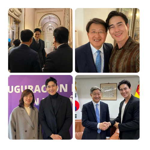 De izquierda a derecha y arriba a bajo. Casino de Madrid celebrando el 70º aniversario de las relaciones diplomáticas España y Corea. Jang Min con el anterior embajador de la República de Corea Sr. Sahnghoon Bahk. Inauguración de la sede de KOCCA en España, Jang Min junto a viceministra del Ministerio de Cultura de Corea, Deportes y Turismo Sra. Mi-ran Jang. Por último Jang Min junto el actual embajador de la Republica de Corea, el Sr. Soosuk Lim