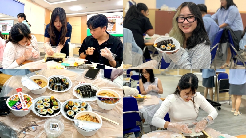Người tham gia trực tiếp trải nghiệm làm Gimbap và thưởng thức thành phẩm của mình. (Ảnh: Phan Thị Thu Đào)