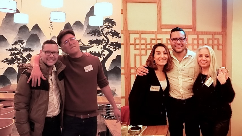 A la izquierda, José Alirio Peña con Samuel Cho, anfitrión de la 'Cena con Desconocidos' en Hanok Restó; a la derecha, José Alirio con Natalia (izquierda) y Florencia (derecha). | Hanok Restó