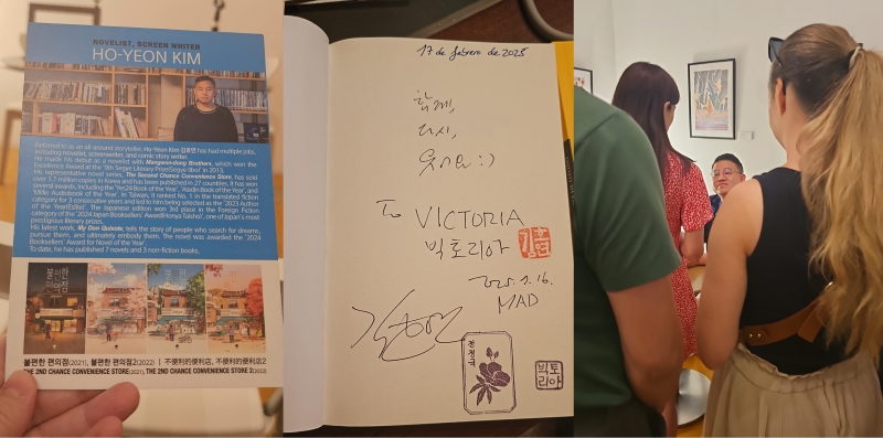 Folleto que dieron en la presentación, firma personalizada de su libro y momento en el que los asistentes hicieron cola para la firma de ejemplares y alguna que otra palabra.