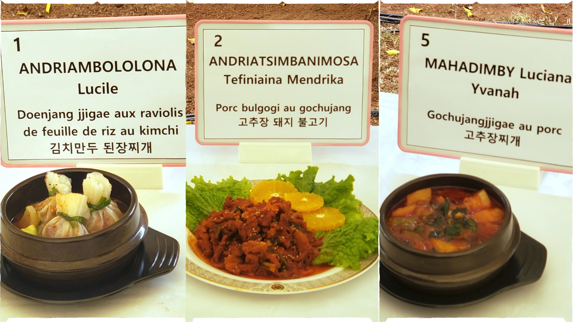 Les trois plats gagnants du concours de cuisine coréenne. © Lucile Andriambololona