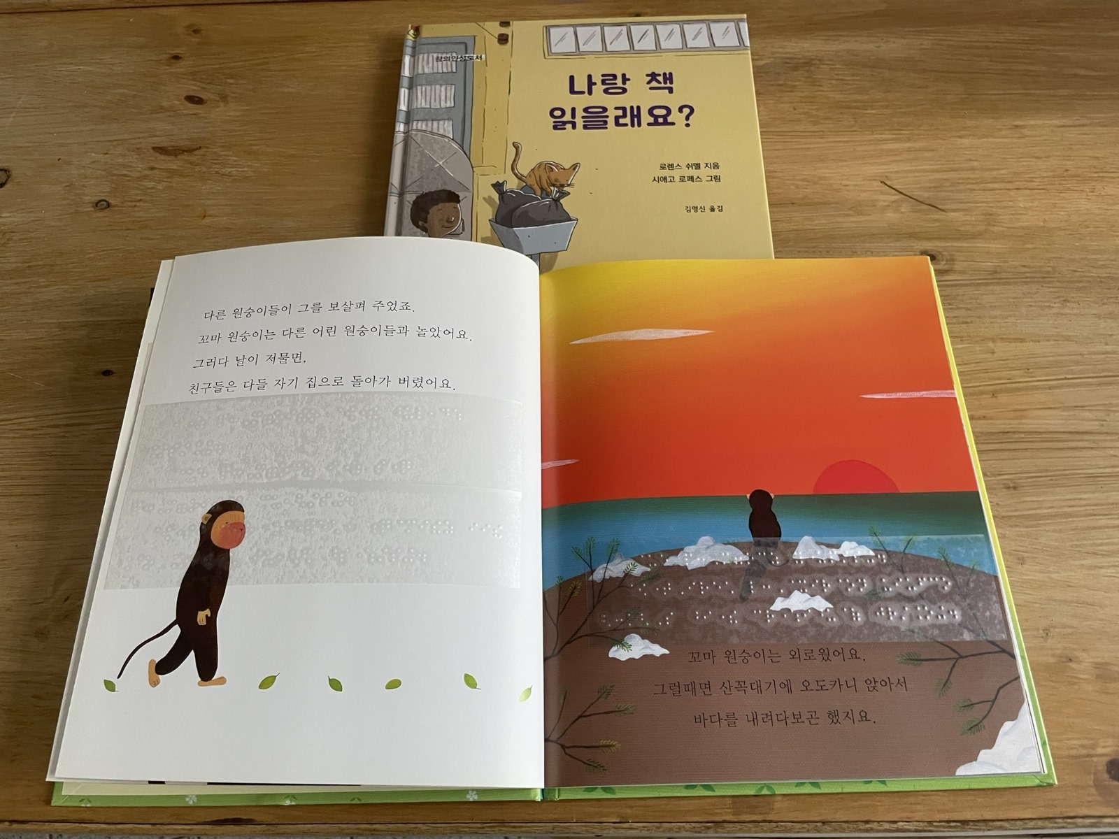 Deux livres pour enfants en braille coréen illustrés. © Marie Toque