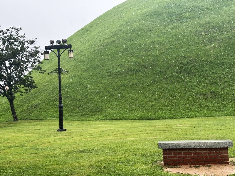 大雨中，庆州历史文化景区的大陵苑古墓静谧而生机盎然。韩宣网名誉记者杨诗薇 摄