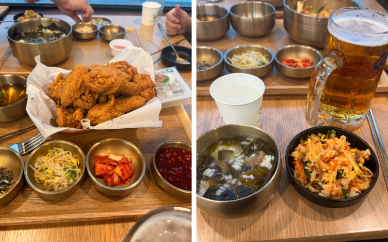 Chicken, Miyeok-guk (Algensuppe) und Beilagen. Die Auswahl im Jjimjilbang war reichlich
